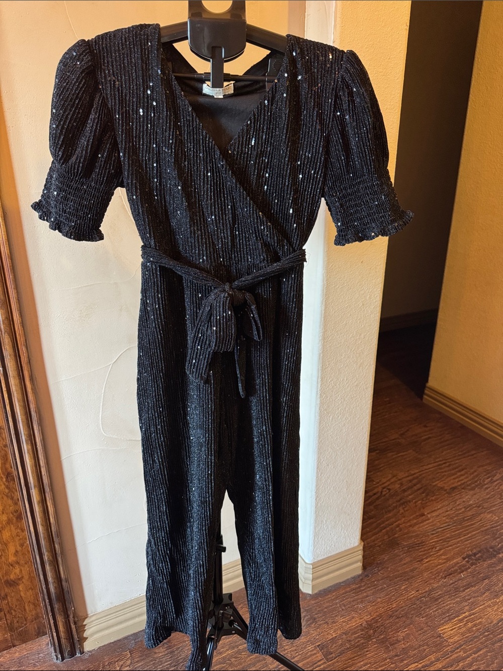 Chelsea & Violet Black Sequin Wrap Jumpsuit with Tie Waist
